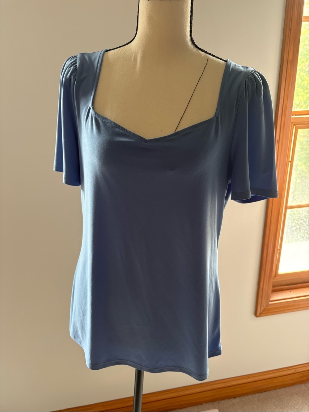 White House Black Market Dusty Blue Square-Neck Flutter Sleeve Top